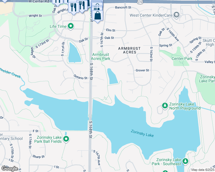 map of restaurants, bars, coffee shops, grocery stores, and more near Zorinsky Lake Trail in Omaha