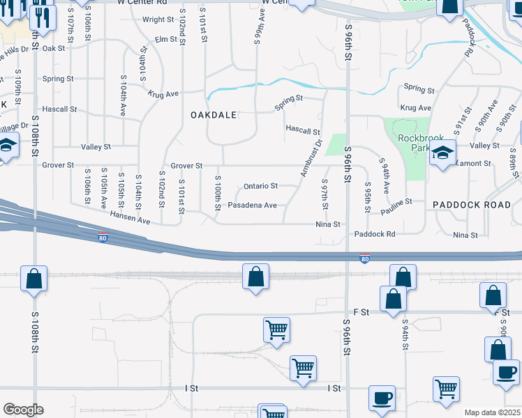 map of restaurants, bars, coffee shops, grocery stores, and more near 9825 Pasadena Avenue in Omaha