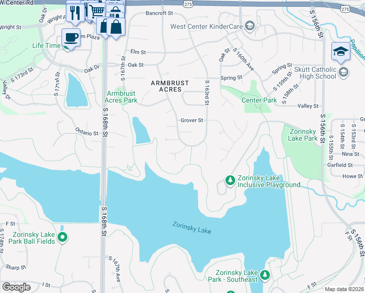 map of restaurants, bars, coffee shops, grocery stores, and more near 16325 C Street in Omaha