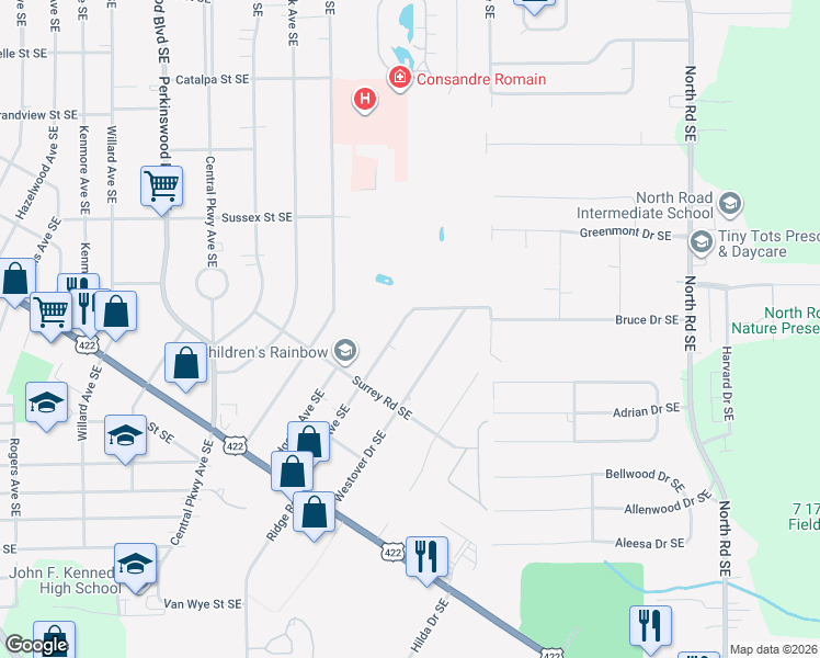 map of restaurants, bars, coffee shops, grocery stores, and more near 1125 Patchen Avenue Southeast in Warren