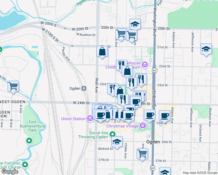 map of restaurants, bars, coffee shops, grocery stores, and more near 2311 Lincoln Ave in Ogden