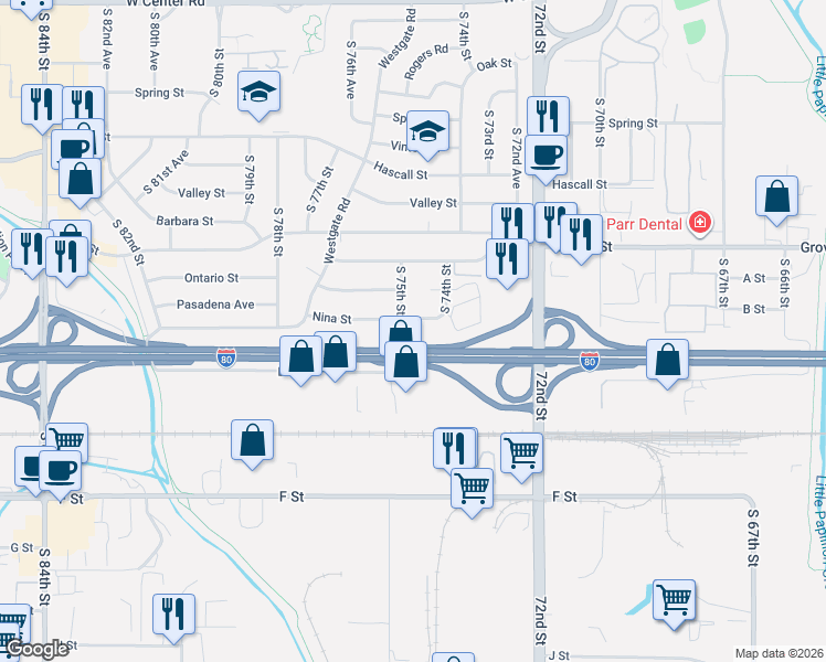 map of restaurants, bars, coffee shops, grocery stores, and more near 7435 Nina Street in Omaha
