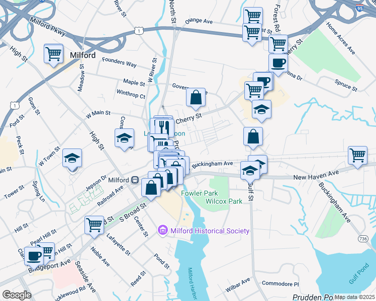 map of restaurants, bars, coffee shops, grocery stores, and more near 41 Prospect Street in Milford