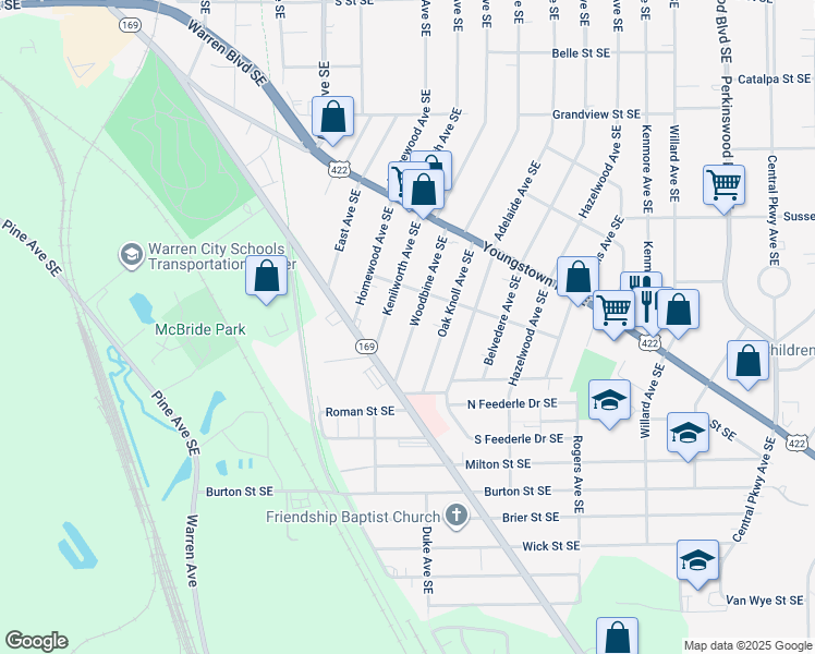 map of restaurants, bars, coffee shops, grocery stores, and more near 1578 Woodbine Avenue Southeast in Warren