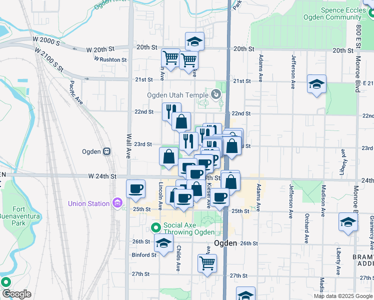 map of restaurants, bars, coffee shops, grocery stores, and more near 2305 Grant Avenue in Ogden