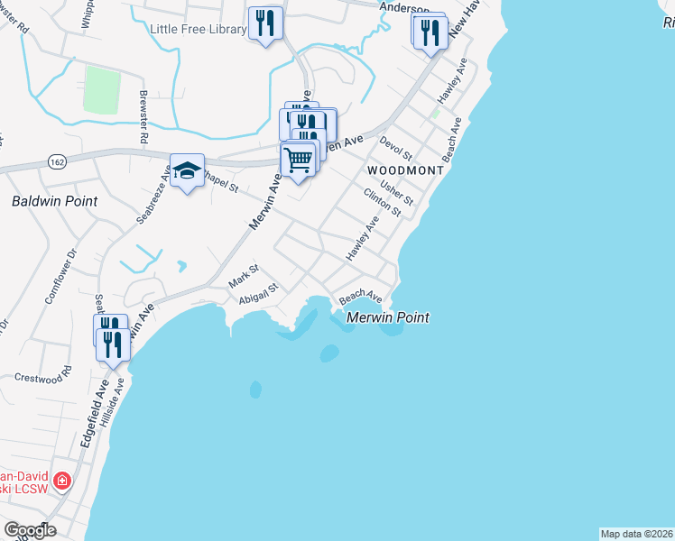 map of restaurants, bars, coffee shops, grocery stores, and more near 117 Hawley Avenue in Milford