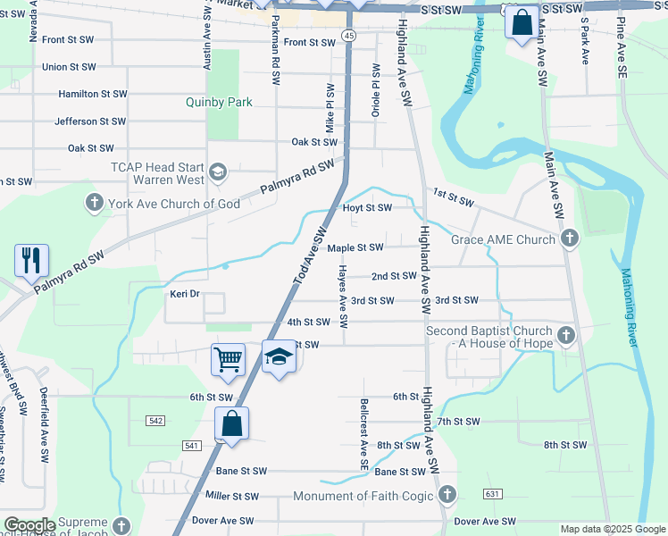 map of restaurants, bars, coffee shops, grocery stores, and more near 1149 Tod Avenue Southwest in Warren