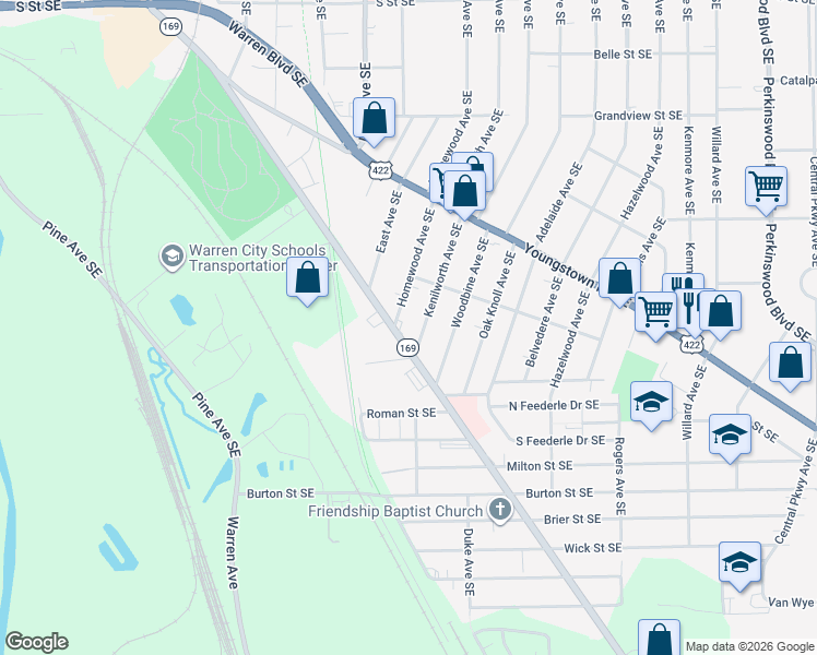 map of restaurants, bars, coffee shops, grocery stores, and more near 1639 Niles Road Southeast in Warren
