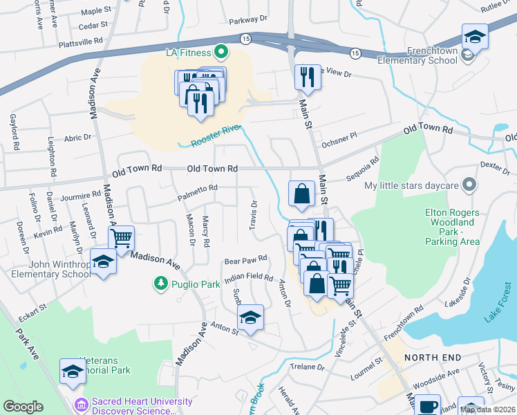 map of restaurants, bars, coffee shops, grocery stores, and more near 126 Travis Drive in Bridgeport