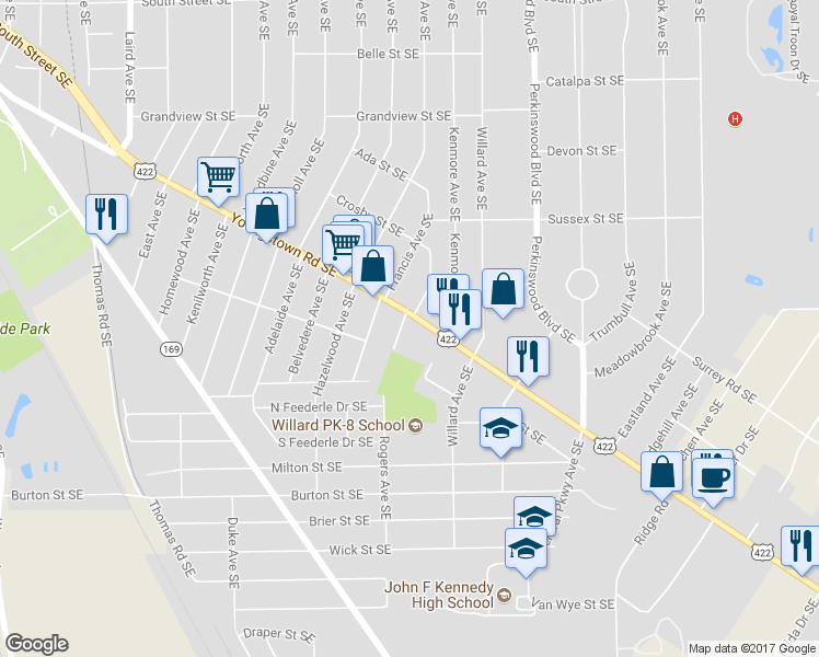 map of restaurants, bars, coffee shops, grocery stores, and more near 2374 Youngstown Road Southeast in Warren