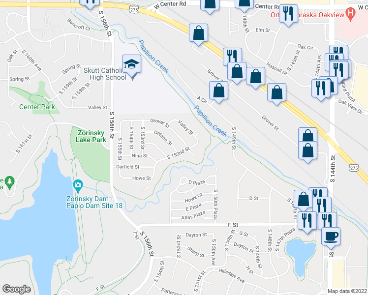 map of restaurants, bars, coffee shops, grocery stores, and more near 15201 Grover Street in Omaha