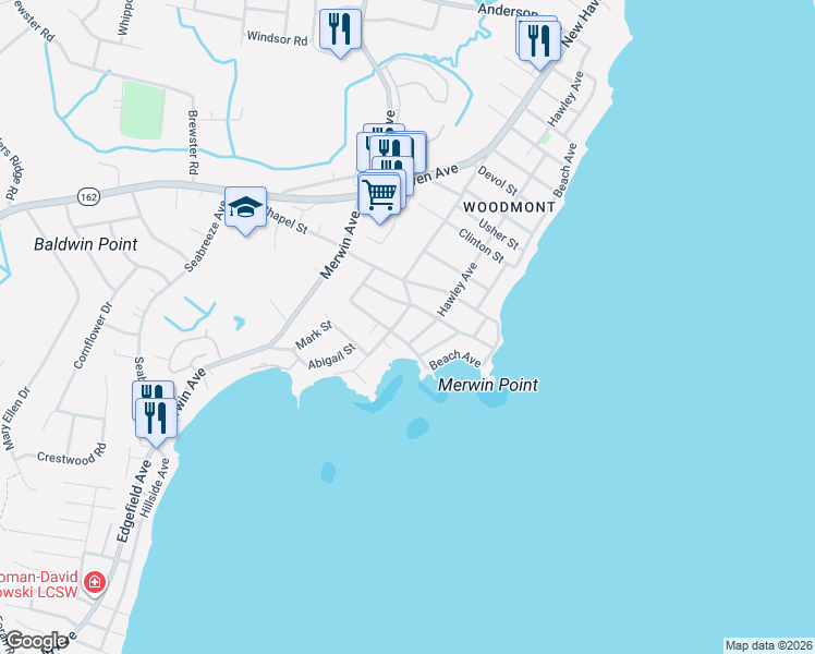 map of restaurants, bars, coffee shops, grocery stores, and more near 162 Kings Highway in Milford