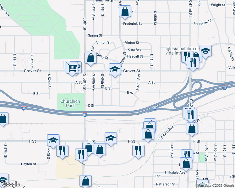 map of restaurants, bars, coffee shops, grocery stores, and more near 3719 South 48th Avenue in Omaha