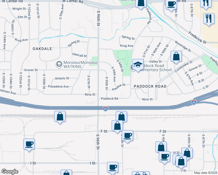 map of restaurants, bars, coffee shops, grocery stores, and more near 3626 South 94th Avenue in Omaha