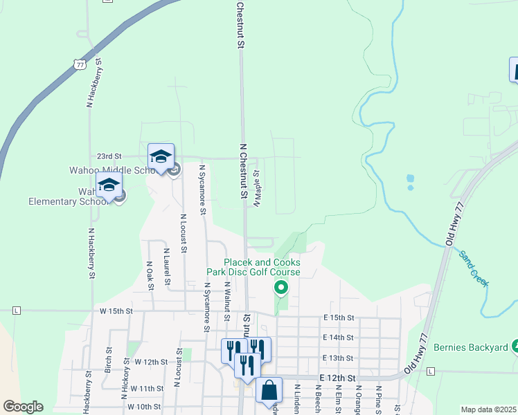 map of restaurants, bars, coffee shops, grocery stores, and more near 2024 North Maple Street in Wahoo