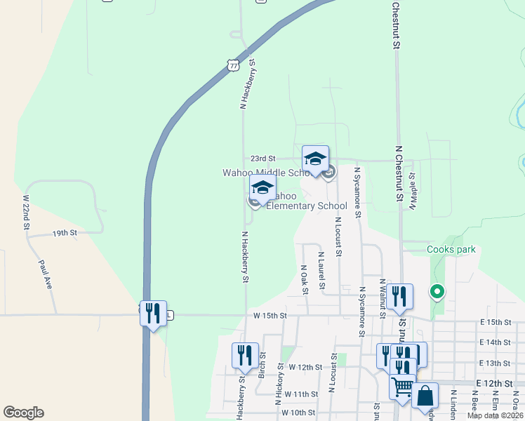 map of restaurants, bars, coffee shops, grocery stores, and more near 2056 North Hackberry Street in Wahoo