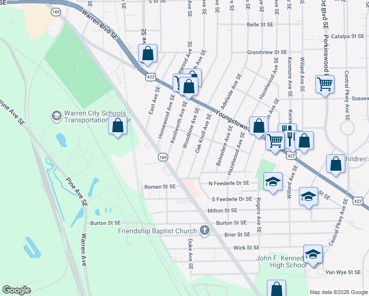 map of restaurants, bars, coffee shops, grocery stores, and more near 1578 Woodbine Avenue Southeast in Warren