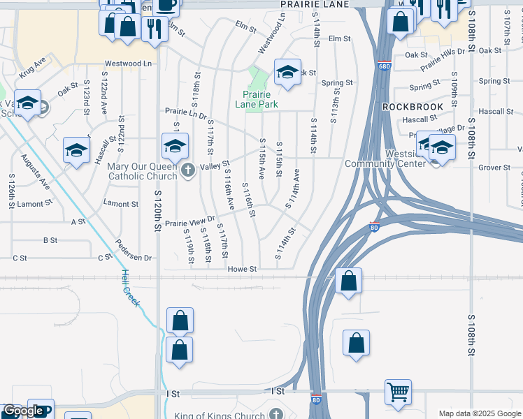 map of restaurants, bars, coffee shops, grocery stores, and more near 11565 Prairie View Drive in Omaha