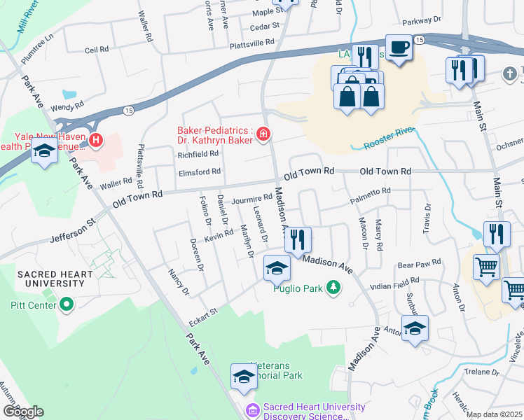 map of restaurants, bars, coffee shops, grocery stores, and more near 134 Leonard Drive in Bridgeport