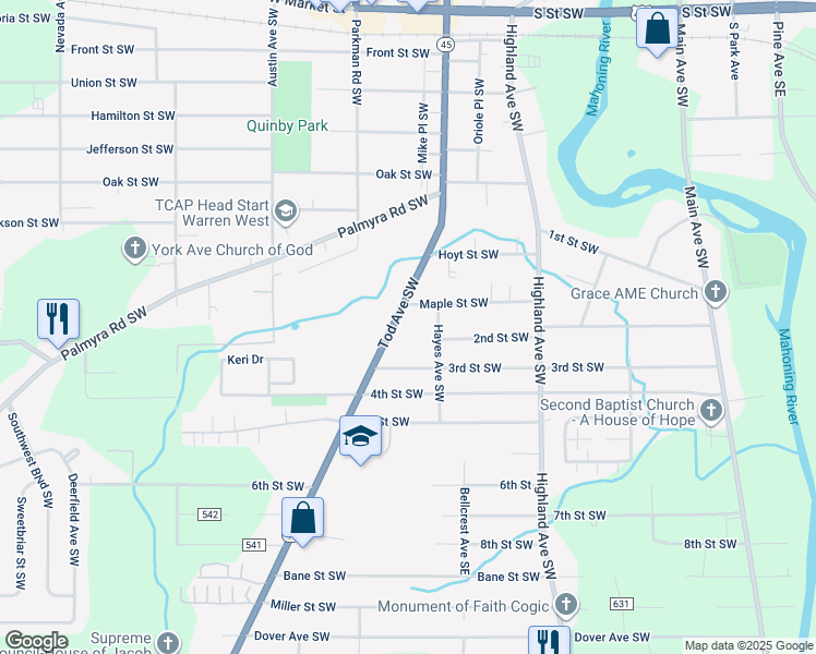 map of restaurants, bars, coffee shops, grocery stores, and more near 1149 Tod Avenue Southwest in Warren