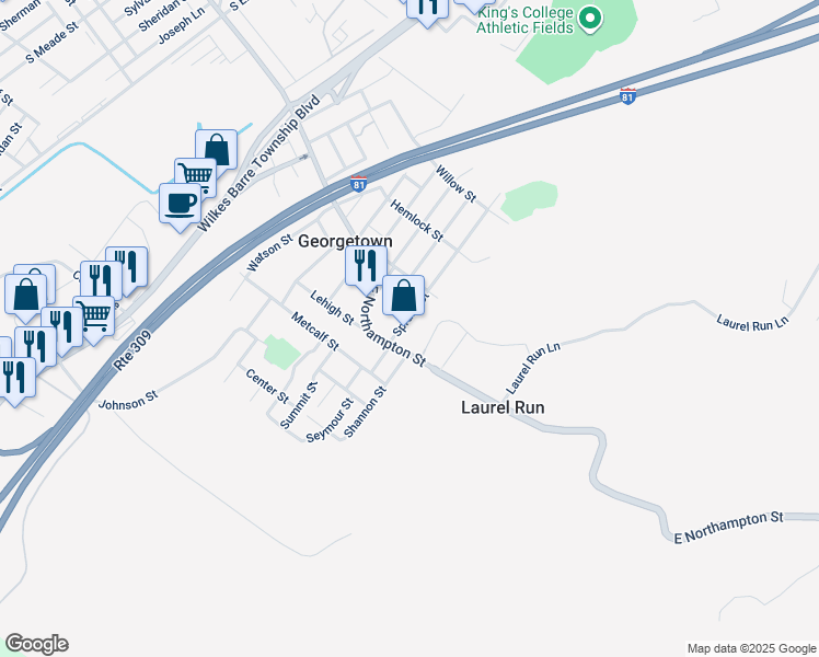 map of restaurants, bars, coffee shops, grocery stores, and more near 1015 Spruce Street in Georgetown