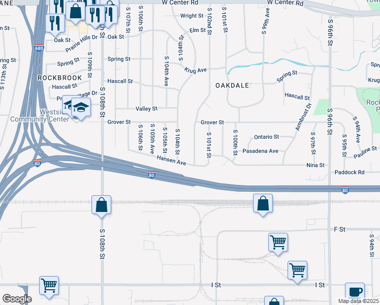 map of restaurants, bars, coffee shops, grocery stores, and more near 3639 South 102nd Street in Omaha