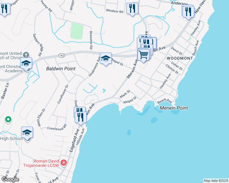 map of restaurants, bars, coffee shops, grocery stores, and more near 156 Merwin Ave in Milford