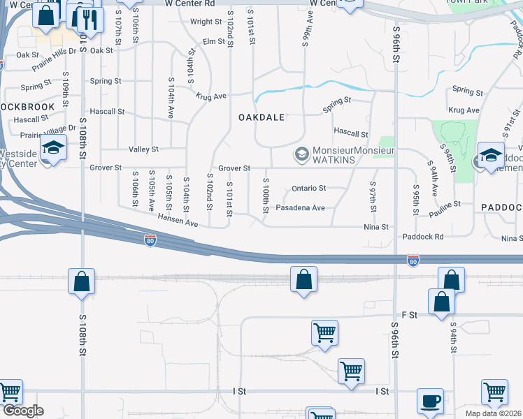 map of restaurants, bars, coffee shops, grocery stores, and more near 3704 South 100th Street in Omaha