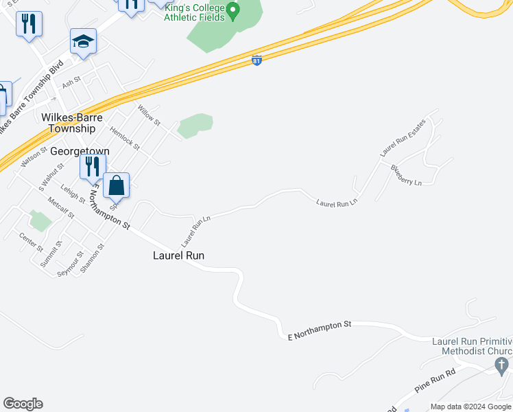 map of restaurants, bars, coffee shops, grocery stores, and more near Dickerson Street in Laurel Run