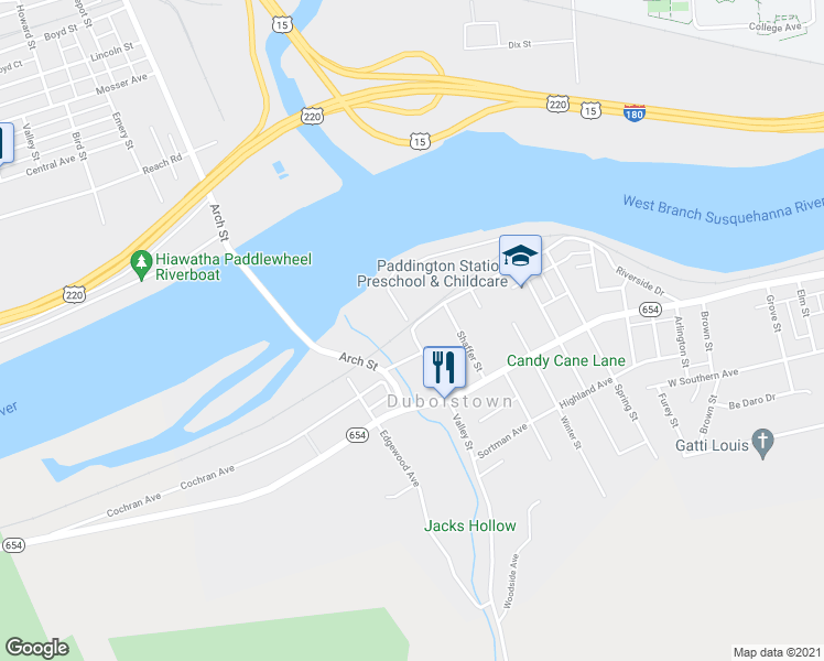map of restaurants, bars, coffee shops, grocery stores, and more near 100 Valley Street in Duboistown