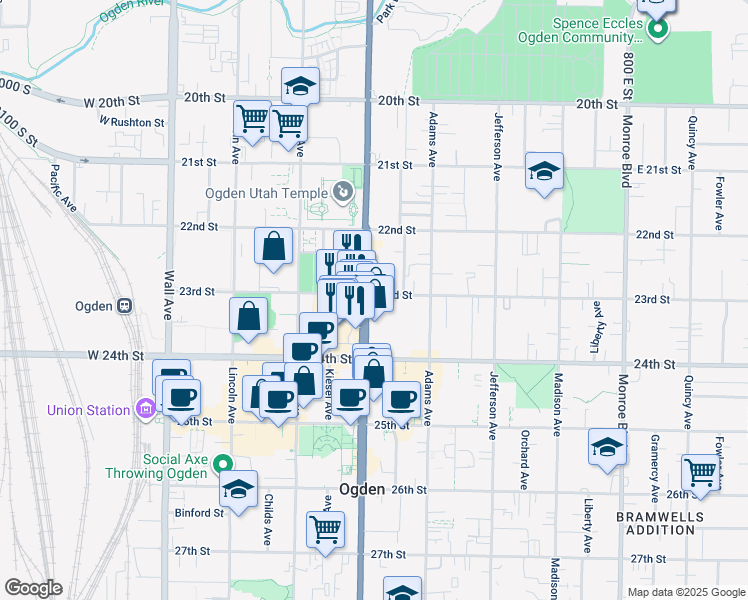 map of restaurants, bars, coffee shops, grocery stores, and more near 2326 Washington Boulevard in Ogden