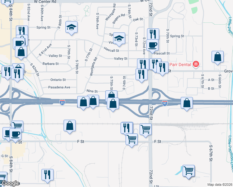 map of restaurants, bars, coffee shops, grocery stores, and more near 7435 Nina Street in Omaha