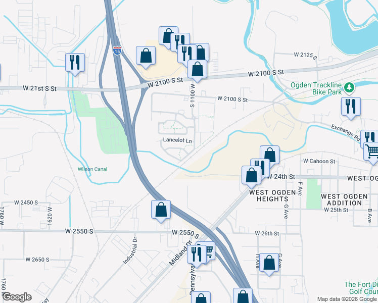map of restaurants, bars, coffee shops, grocery stores, and more near 1120 Excalibur Way in Ogden