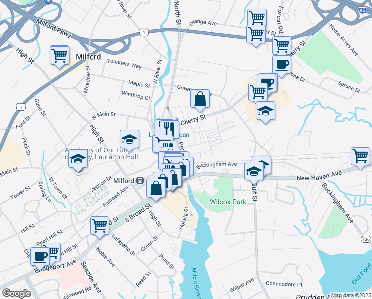 map of restaurants, bars, coffee shops, grocery stores, and more near 46 Prospect Street in Milford