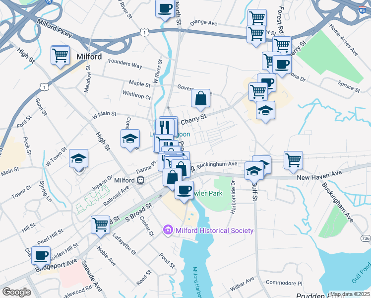 map of restaurants, bars, coffee shops, grocery stores, and more near 46 Prospect Street in Milford