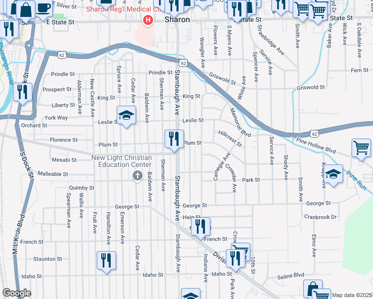 map of restaurants, bars, coffee shops, grocery stores, and more near 619 Stambaugh Avenue in Sharon