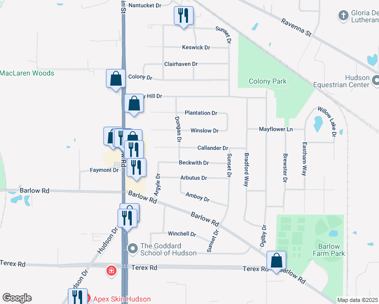 map of restaurants, bars, coffee shops, grocery stores, and more near 1594 Callander Drive in Hudson