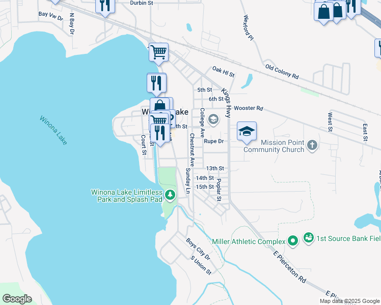 map of restaurants, bars, coffee shops, grocery stores, and more near 101 East 12th Street in Winona Lake