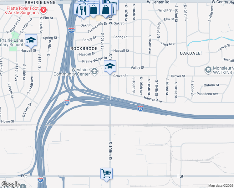 map of restaurants, bars, coffee shops, grocery stores, and more near 3705 South 108th Street in Omaha