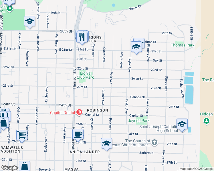 map of restaurants, bars, coffee shops, grocery stores, and more near 2302 Custer Avenue in Ogden