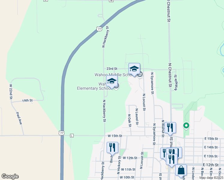 map of restaurants, bars, coffee shops, grocery stores, and more near 2056 North Hackberry Street in Wahoo