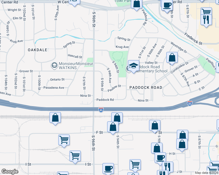 map of restaurants, bars, coffee shops, grocery stores, and more near 3626 South 94th Avenue in Omaha