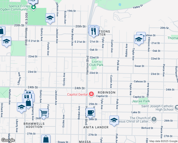 map of restaurants, bars, coffee shops, grocery stores, and more near 2296 South Harrison Boulevard in Ogden
