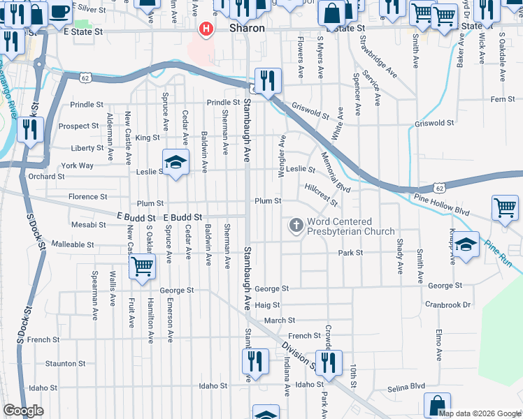 map of restaurants, bars, coffee shops, grocery stores, and more near 619 Stambaugh Avenue in Sharon