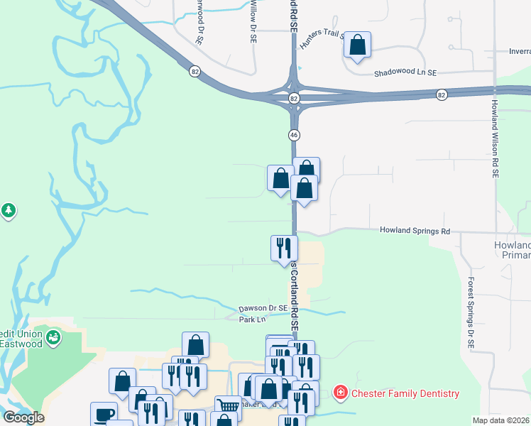 map of restaurants, bars, coffee shops, grocery stores, and more near 8325 Hiram Place Southeast in Warren