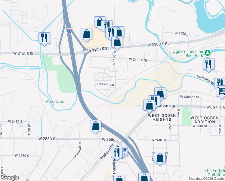 map of restaurants, bars, coffee shops, grocery stores, and more near 1120 Excalibur Way in Ogden