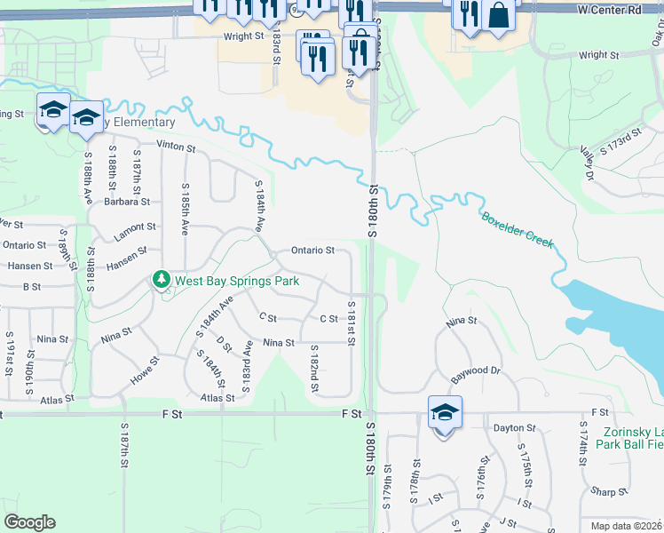 map of restaurants, bars, coffee shops, grocery stores, and more near 3615 South 182nd Circle in Omaha
