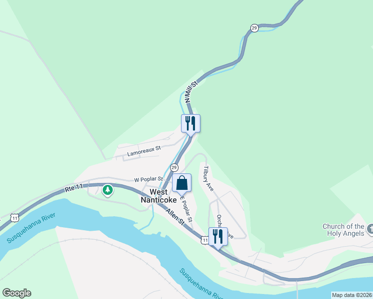 map of restaurants, bars, coffee shops, grocery stores, and more near 49 North Mill Street in Nanticoke