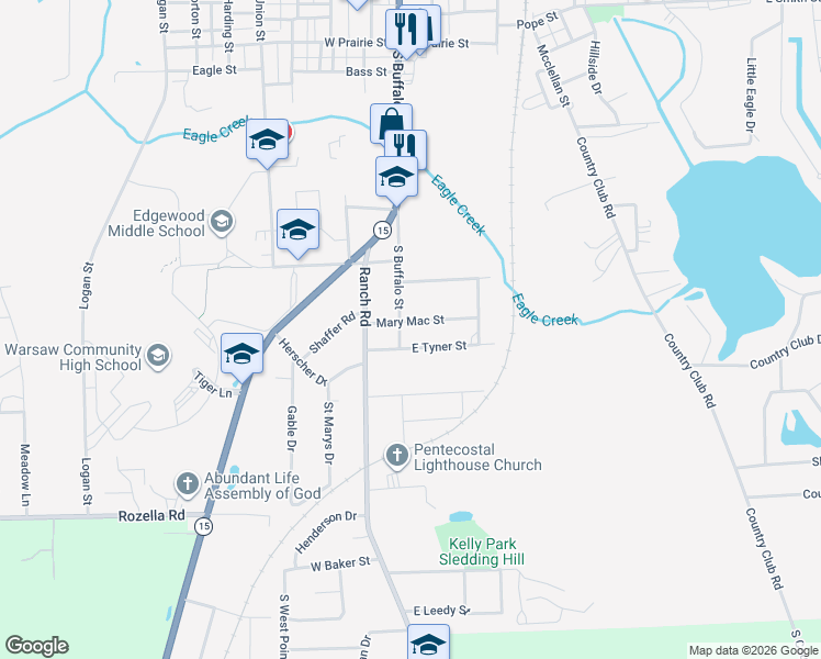map of restaurants, bars, coffee shops, grocery stores, and more near 107 East Tyner Street in Warsaw