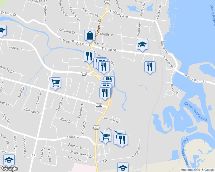 map of restaurants, bars, coffee shops, grocery stores, and more near 54 South Liberty Drive in Stony Point
